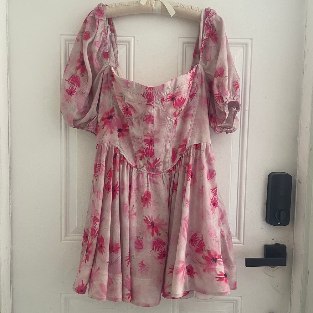 Bardot Kiah Corset Dress Pink Floral Puff Sleeve Linen Blend NWT US  10